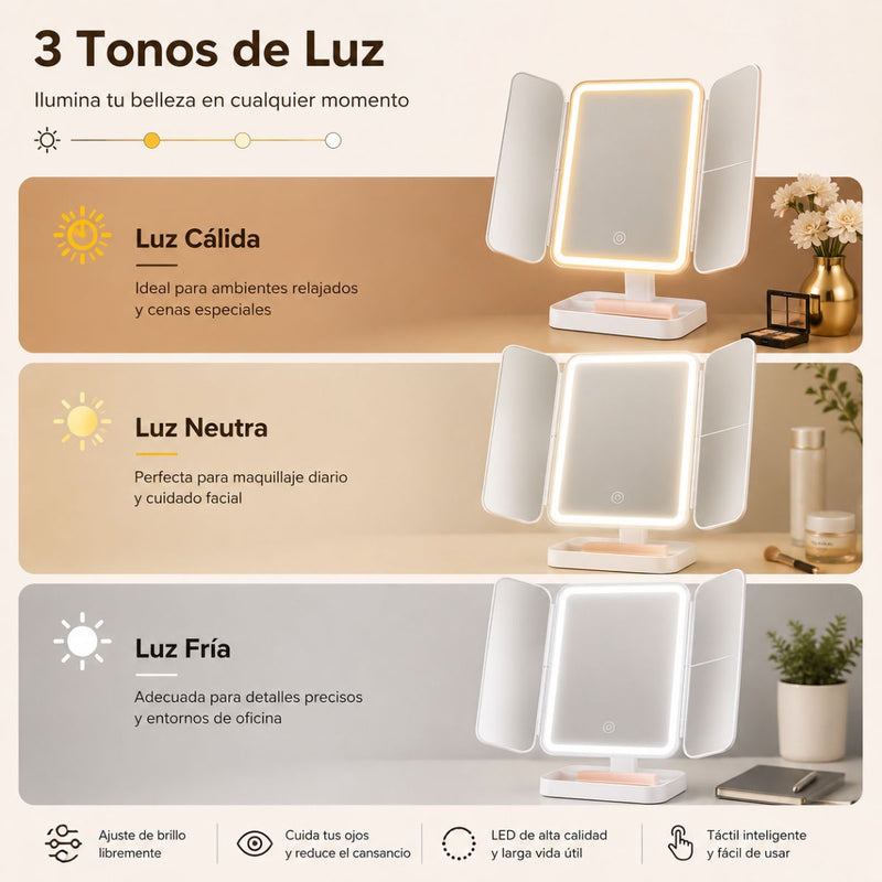 Espejo Maquillaje LED Táctil con 3 Tonos de Luz y Aumento 2X/3X  Giratorio 270°. Espejo Cosmético Recargable USBC para Tocador Vanity y Beauty Room (30x16cm) Blanco