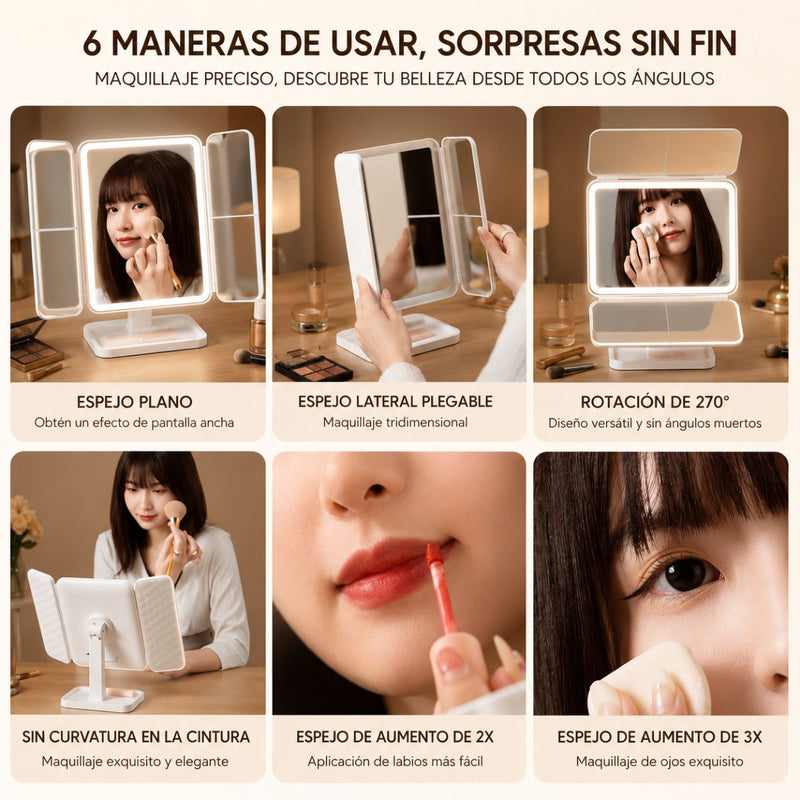 Espejo Maquillaje LED Táctil con 3 Tonos de Luz y Aumento 2X/3X  Giratorio 270°. Espejo Cosmético Recargable USBC para Tocador Vanity y Beauty Room (30x16cm) Blanco