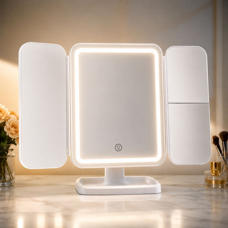 Espejo Maquillaje LED Táctil con 3 Tonos de Luz y Aumento 2X/3X  Giratorio 270°. Espejo Cosmético Recargable USBC para Tocador Vanity y Beauty Room (30x16cm) Blanco