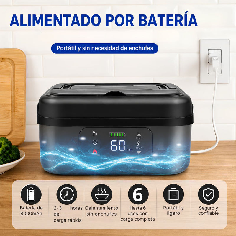 Lonchera lunch box térmica eléctrica recargable con temporizador y control de temperatura. Bandeja de acero. Negra
