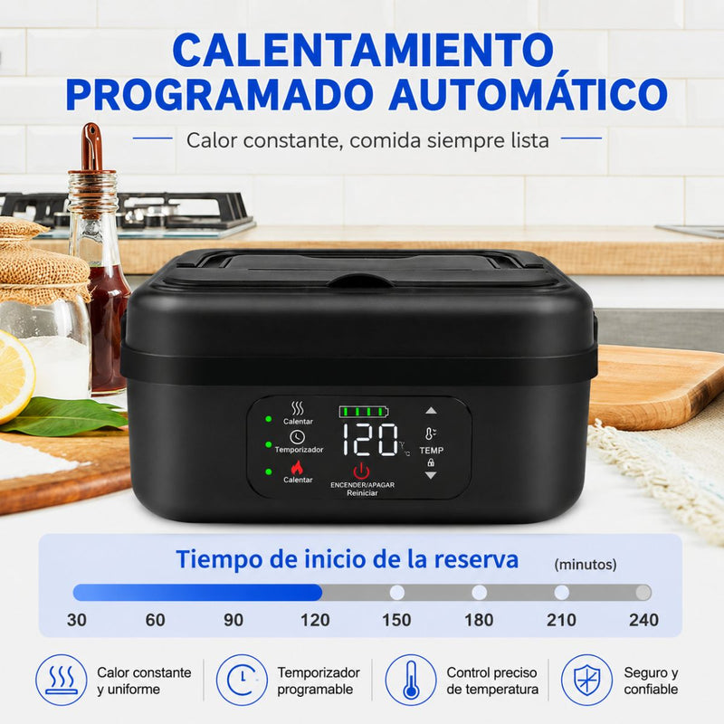 Lonchera lunch box térmica eléctrica recargable con temporizador y control de temperatura. Bandeja de acero. Negra
