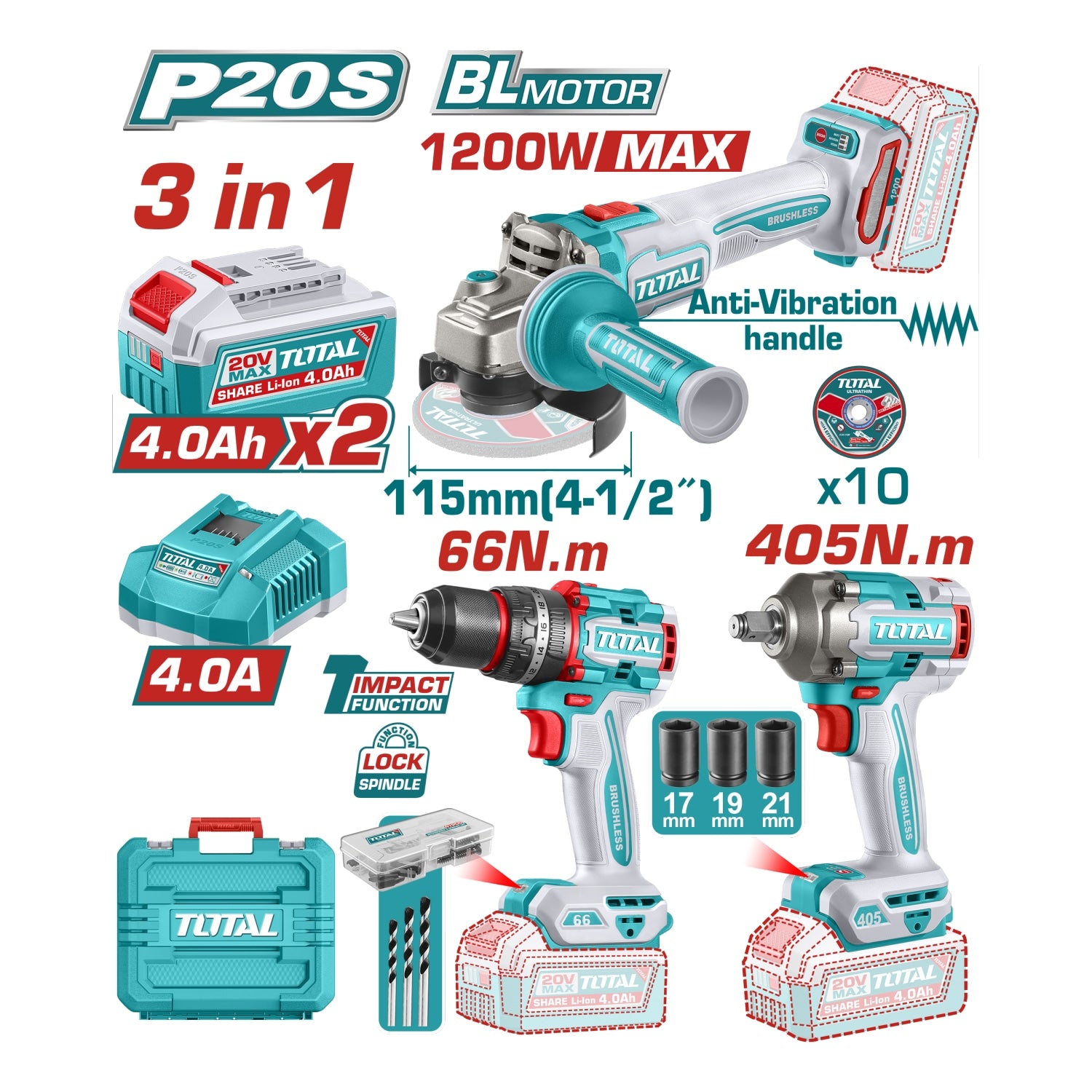 Combo Del Mes Total Inalámbrico. Esmeriladora Angular 1000W 4-1/2″. Taladro Percutor 66Nm. Llave de Impacto 1/2″. Incluye baterías y cargador.