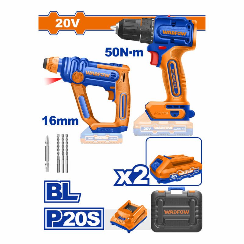 Combo Kit Combinado Inalámbrico de 2 piezas 20V 1 Taladro inalámbrico sin escobillas(UWCDP5521) 1 Martillo rotativo inalámbrico (WLM1516) POCAS UNIDADES DISPONIBLES