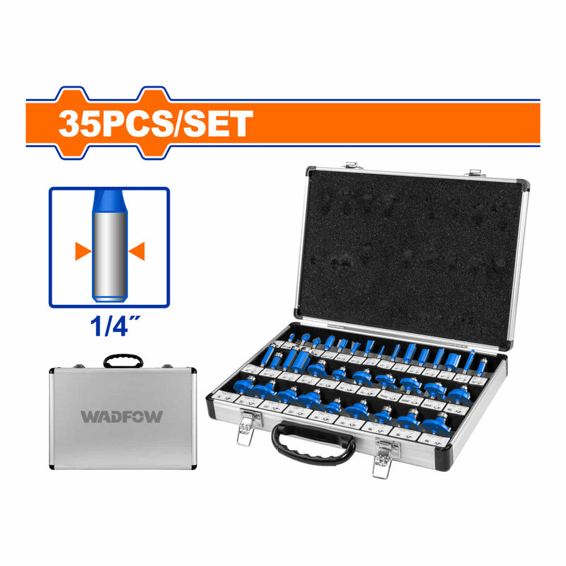 Puntas Brocas para Router. Juego de 35 brocas para Router. Vástago: 1/4” Incluye: 6 brocas rectas 1/8"x1/2", 1/4"x3/4", 1/2"x1",1/2"x3/4", 3/8"x3/4", 3/4"x3/4", 2 brocas cóncavas. Routeadora.