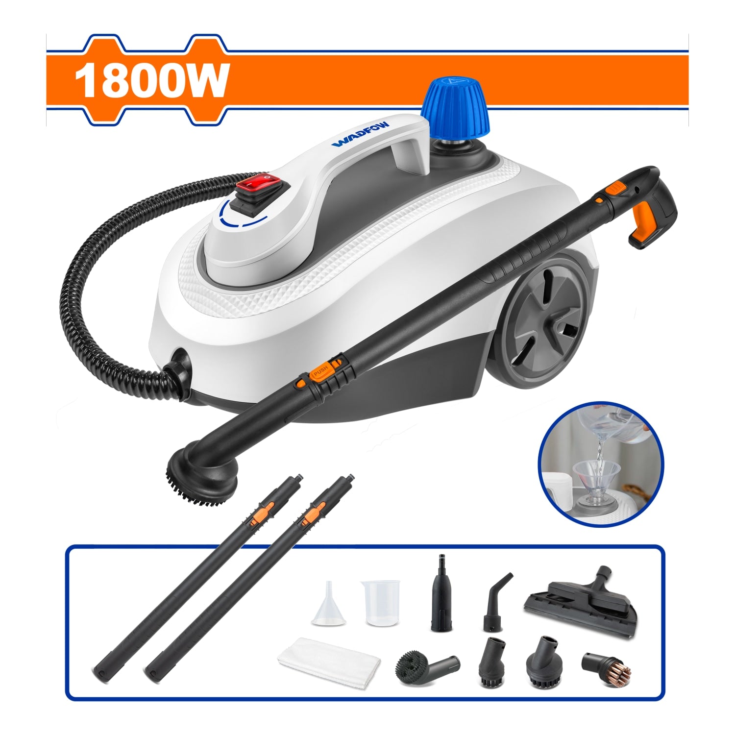 Limpiadora a Vapor 1800W. Tanque de Acero Inoxidable 1.5 L. Presión 5 Bar. Incluye Accesorios para Pisos, Ventanas y Tapicería.