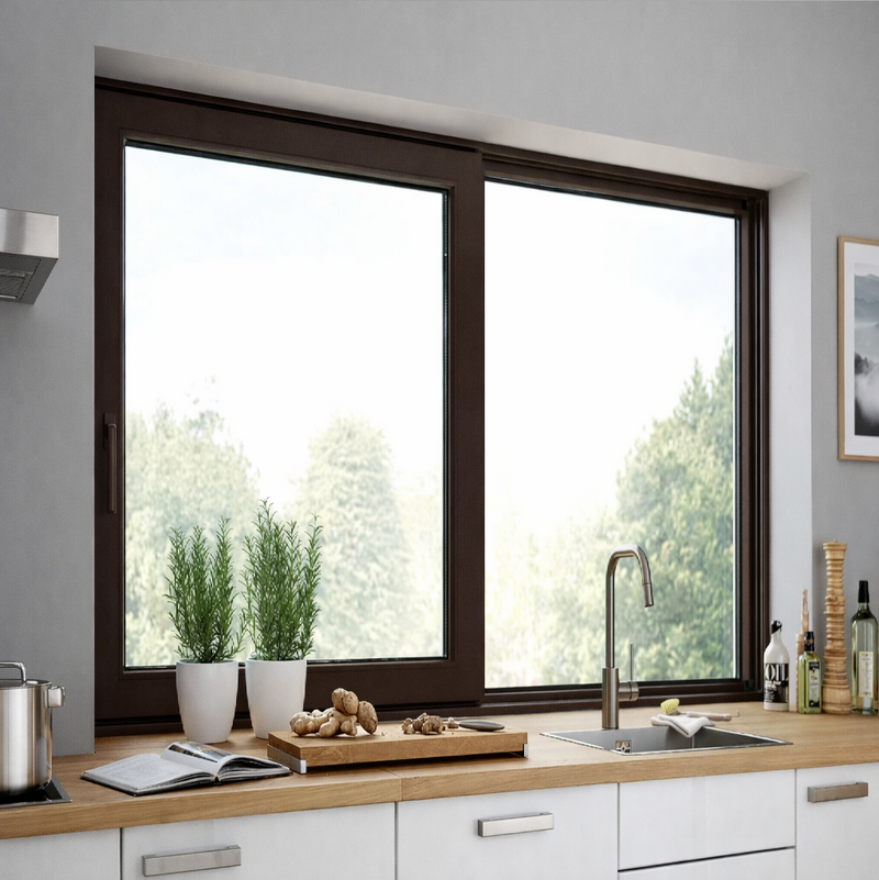 Perfil UPVC Traslape Cruce de hoja Serie 80mm UPView Carbone Espesor 2.5mm Largo 5.85m Color Marron Chocolate Microtexturizado