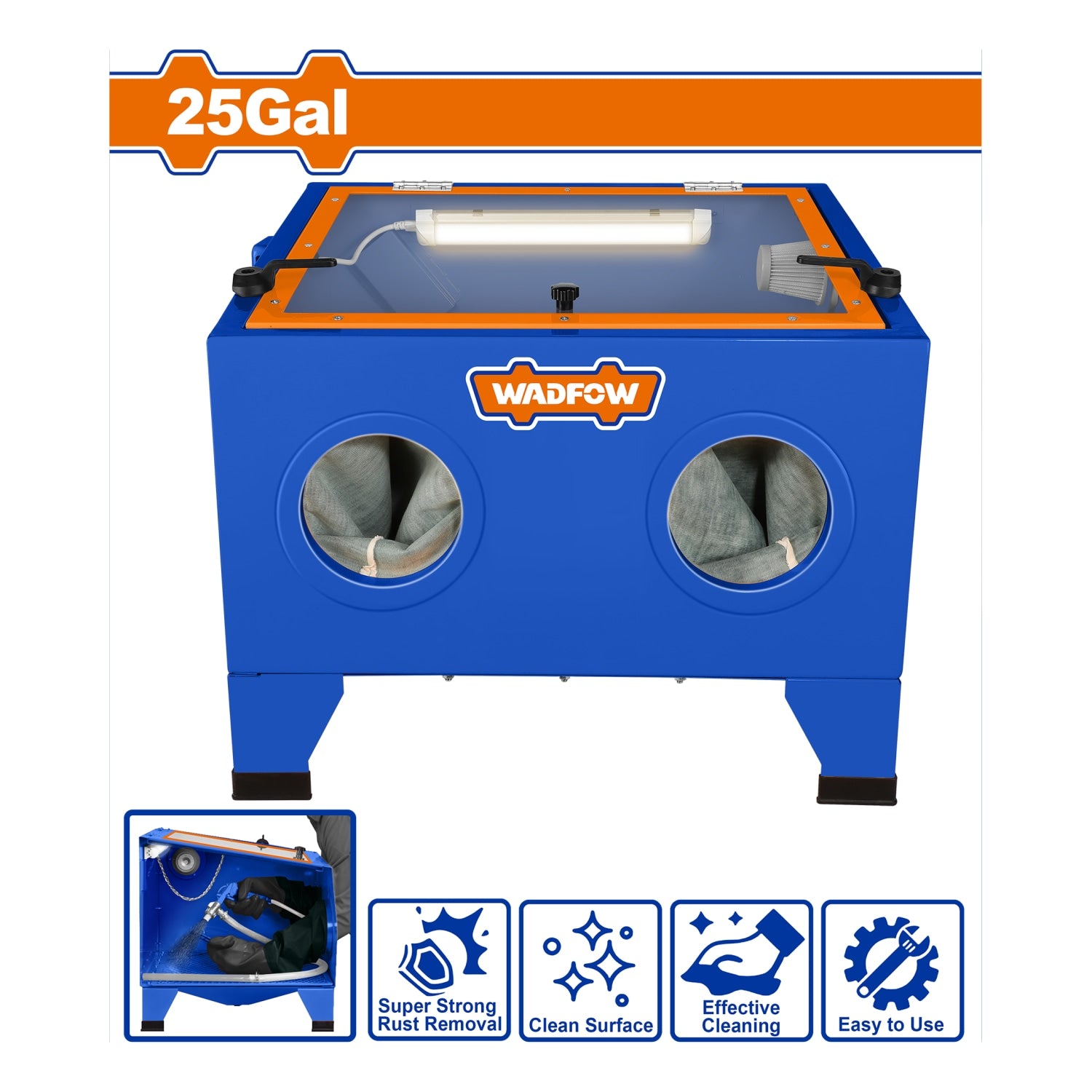 Cabina de Sandblasting 25 Galones Con Luz LED. Para Limpieza, Pulido y Remoción de Óxido y Pintura. Incluye Pistola y Boquillas. Cabina de Chorro de Arena.