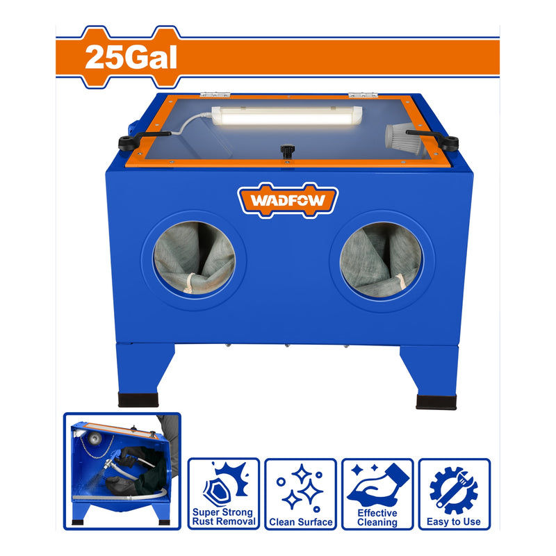 Cabina de Sandblasting 25 Galones Con Luz LED. Para Limpieza, Pulido y Remoción de Óxido y Pintura. Incluye Pistola y Boquillas. Cabina de Chorro de Arena.