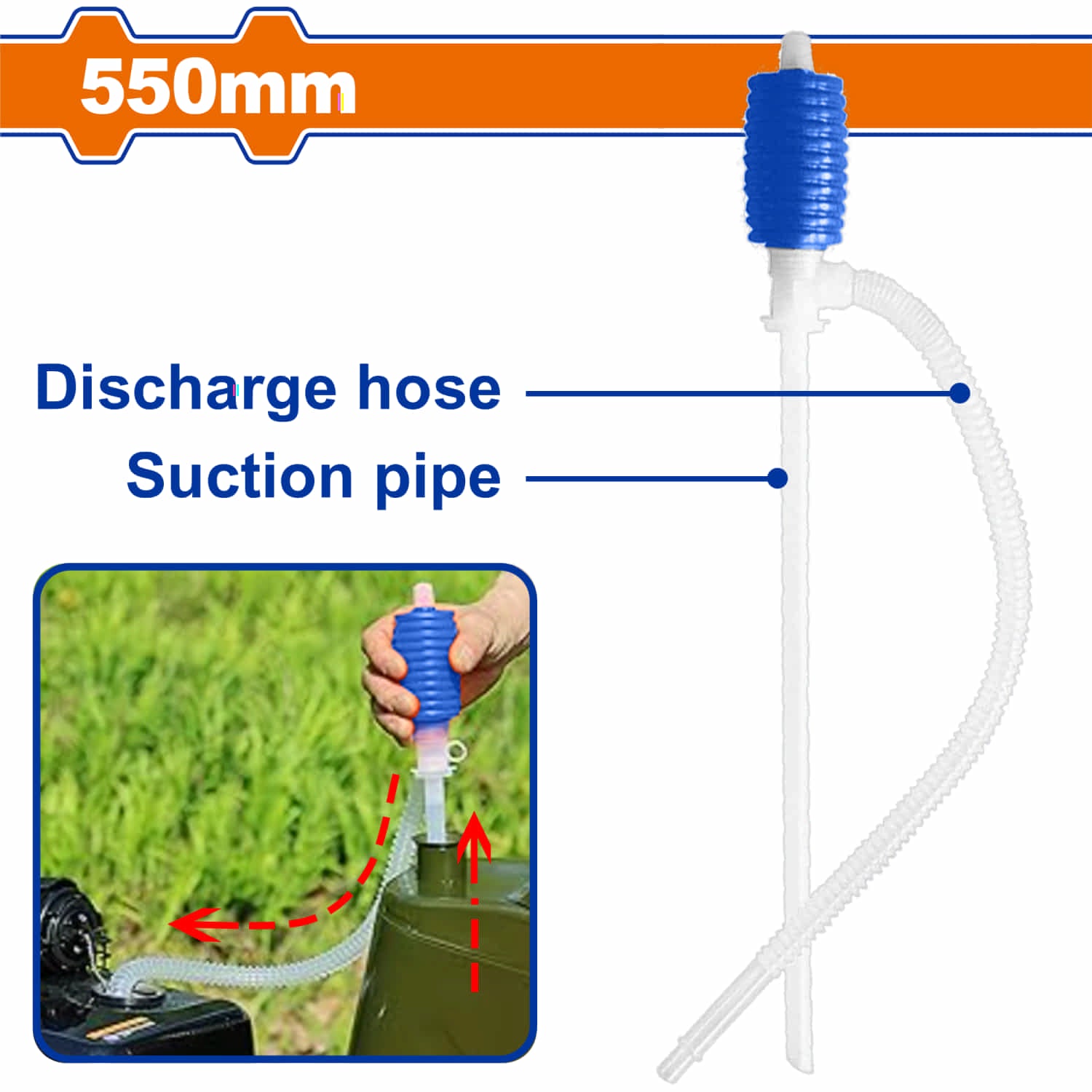 Bomba de sifón agua manual de plástico 550mm Material: PE. Se utiliza para transferir combustible, una forma sencilla de transferir líquidos rápidamente. Bomba de transferencia de líquidos.