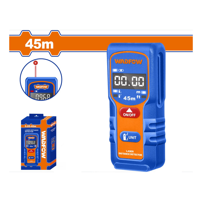 Medidor Láser Rango 0.05–45 Mts. Exactitud ±2.0 mm. 635 nm <1 mW. Baterías AAA.