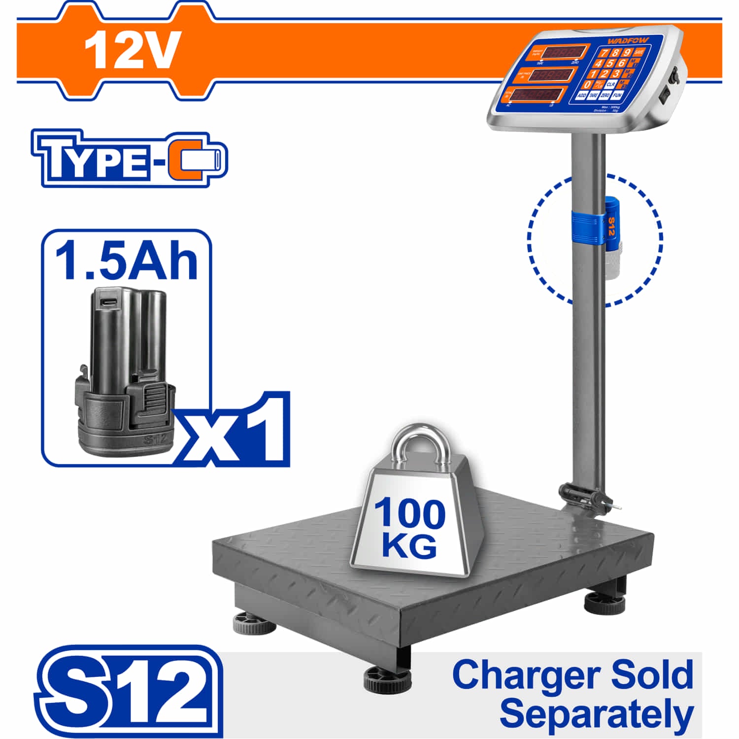 Báscula Inalámbrica Industrial de Piso 12V Peso máximo: 100Kg (220lb) Pantalla LED. Tamaño: 300x400mm. Cargador USBC-C se vende por separado.