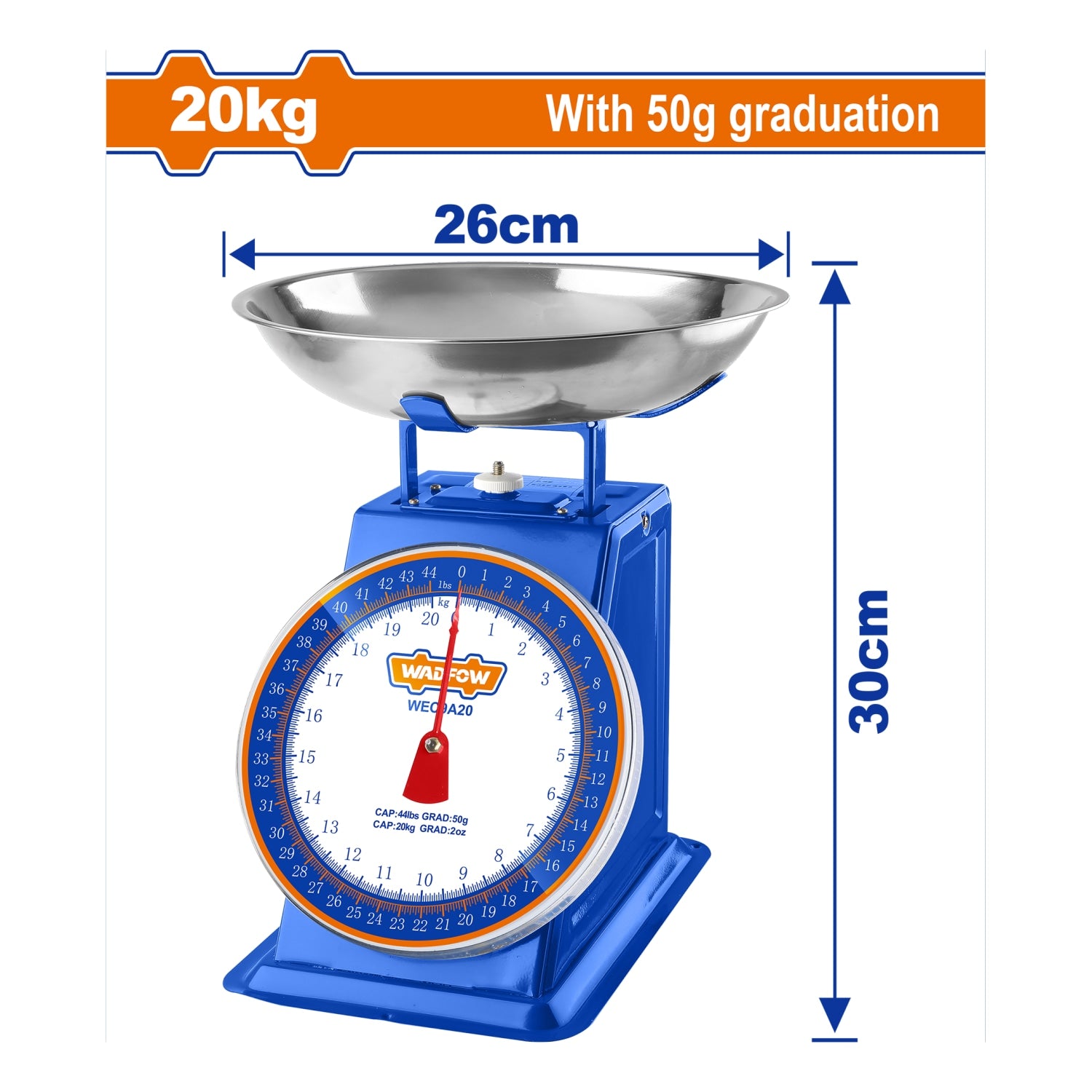 Báscula de Resorte para Pesar 20 kg. Graduación 50 g. Pantalla Tipo Placa de Dial. Balanza de Aguja con plato de acero inoxidable.