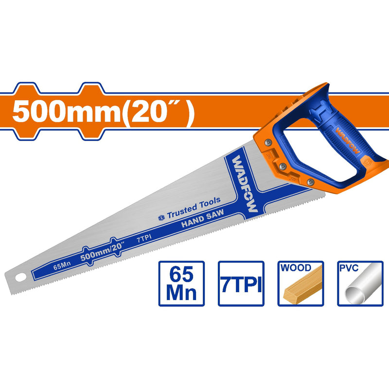 Serrucho de Mano de 20"(500mm) Espesor: 0.9mm. 7TPI. Tratamiento térmico. Corta madera y PVC