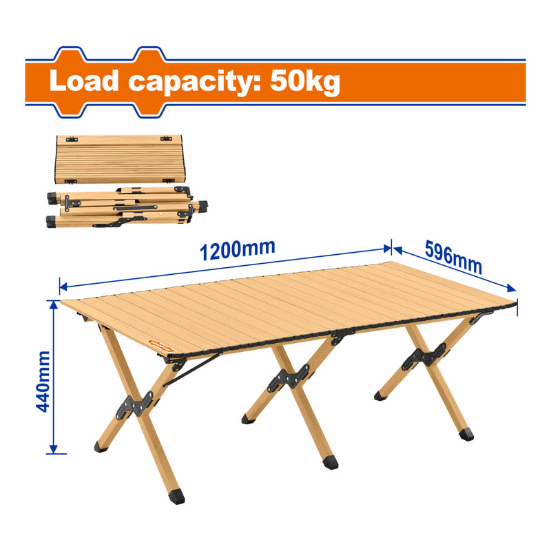 Mesas de exteriores plegable portátil. 50kg marco, piezas de conexión de acero, borde de plástico. Tamaño extendido: 1200x596x440mm Tamaño mesa: 1200x596mm. Diseño compacto.