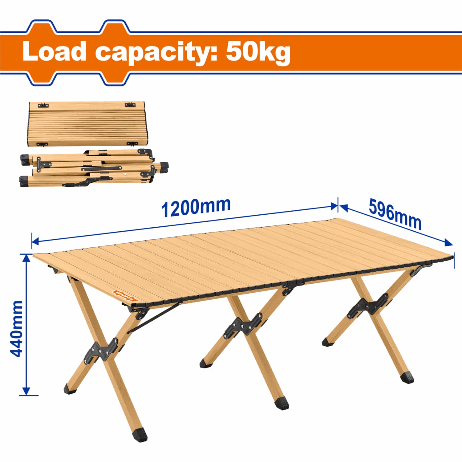 Mesas de exteriores plegable portátil. 50kg marco, piezas de conexión de acero, borde de plástico. Tamaño extendido: 1200x596x440mm Tamaño mesa: 1200x596mm. Diseño compacto.