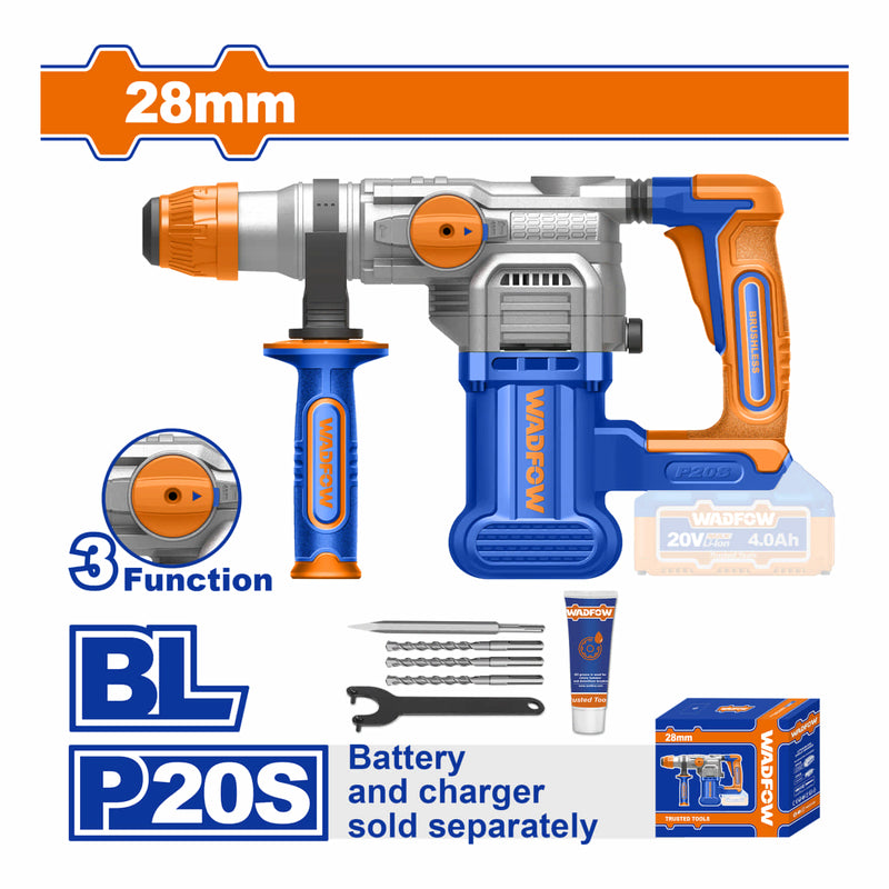 Rotomartillo Inalámbrico 20V. Motor sin escobillas. 0-930rpm 0-4400bpm 4.5J Perfora: Hormigón: 28mm, Acero: 13mm, Madera: 40mm. No incluye Batería y cargador. Taladro Demoledor