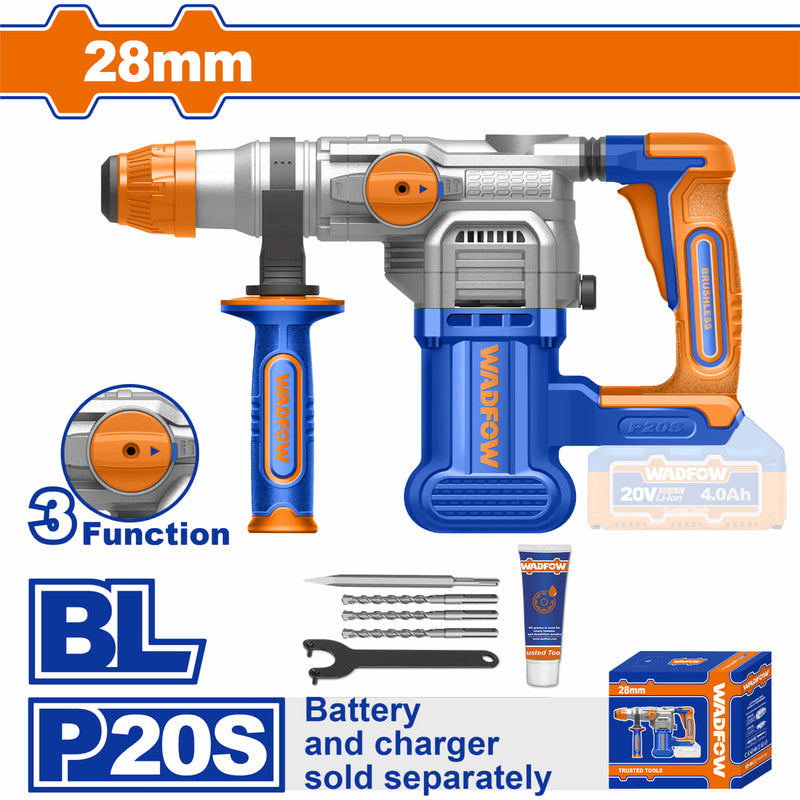 Rotomartillo Inalámbrico 20V. Motor sin escobillas. 0-930rpm 0-4400bpm 4.5J Perfora: Hormigón: 28mm, Acero: 13mm, Madera: 40mm. No incluye Batería y cargador. Taladro Demoledor