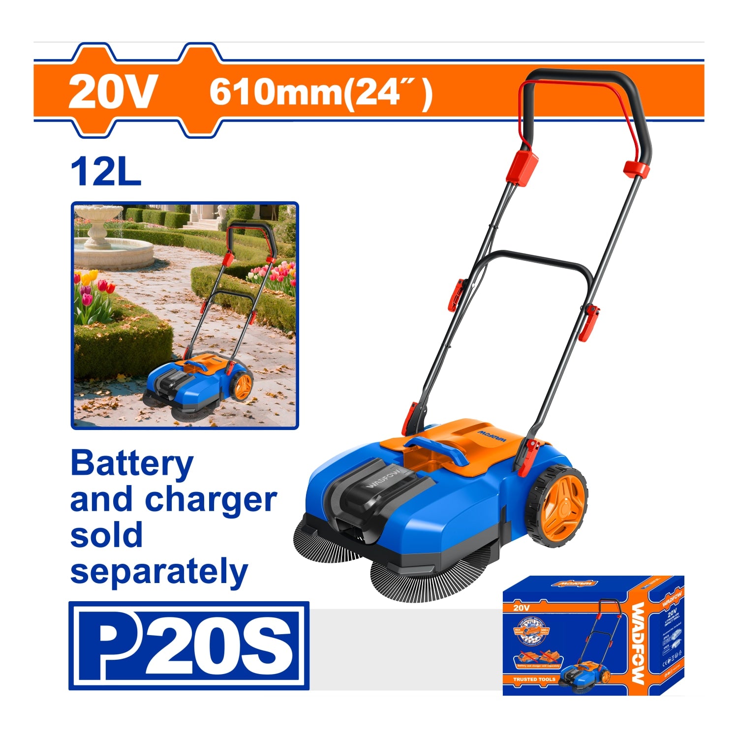 Barredora Manual Inalámbrica 20V. Ancho 610 mm (24″). Depósito 20 L. No Incluye Batería ni Cargador