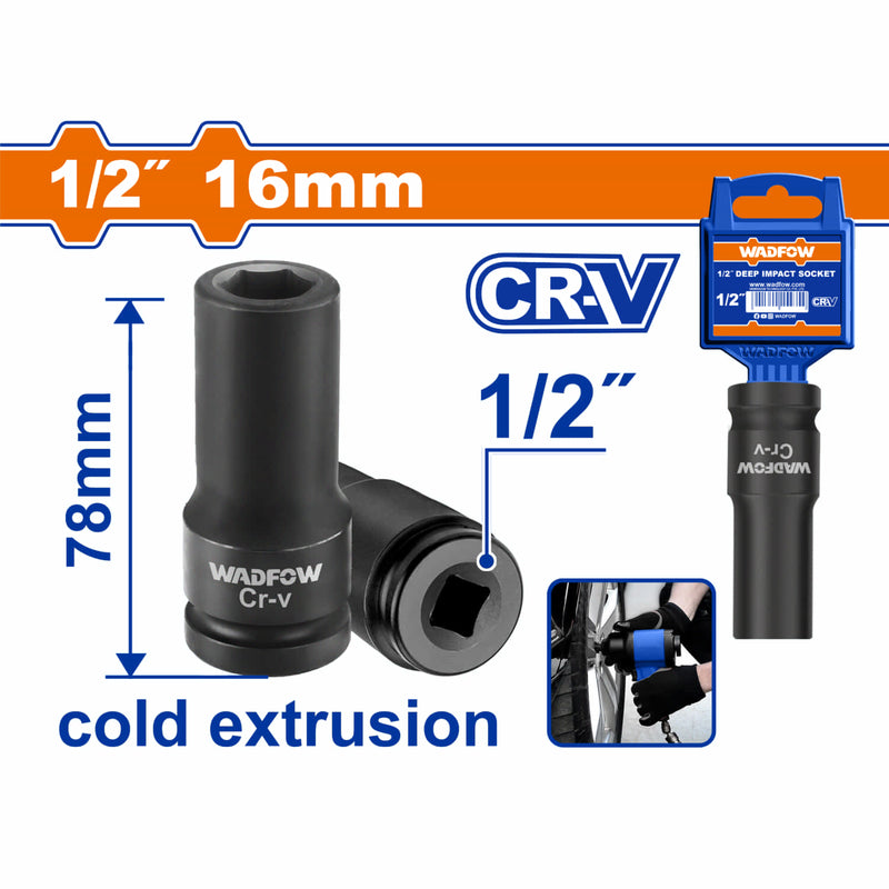Dado Socket de impacto 1/2" 16mm. Material Cr-V L: 78 mm. Extrusión en Frío. Tratamiento térmico.