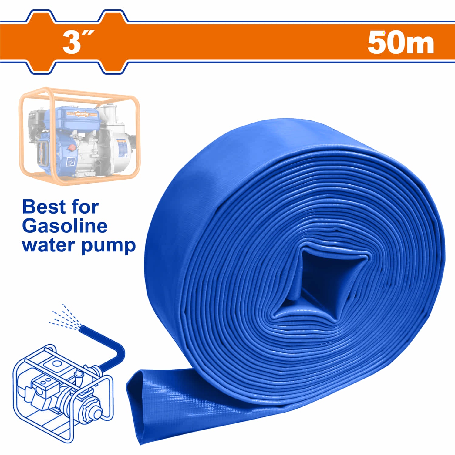 Manguera plana para motobombas de PVC de 3" Longitud:50m Presión de trabajo:4Bar Diámetro interior:76mm(3") Espesor:1.1mm