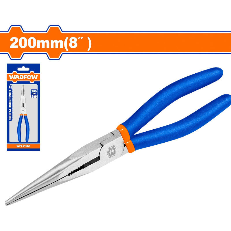 Alicate de punta larga 8"/200mm. Pulido y antióxido. Con mango de plástico.