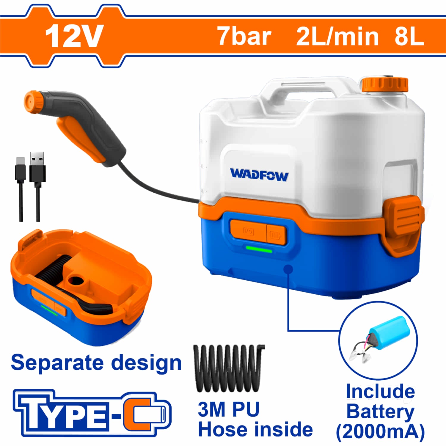 Hidrolavadora a batería para aires acondicionados Voltaje: 12V Presión máxima: 7Bar Flujo máximo: 2L/min Capacidad del contenedor: 8L Sistema de parada automática hidrolimpiadora