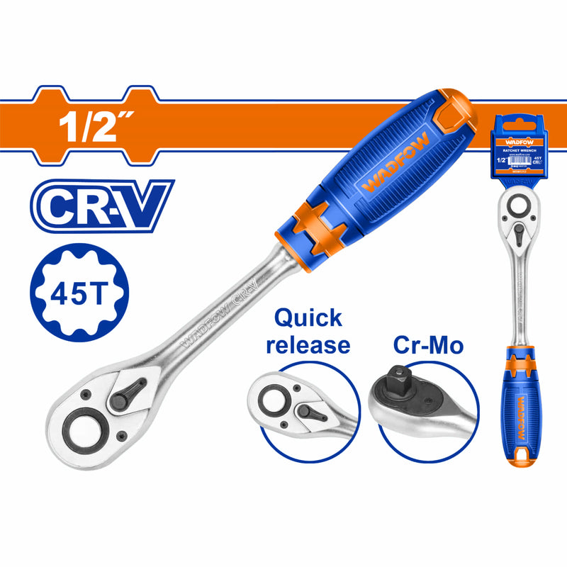 Ratchet 1/2" para sockets. Cr-V. 45 dientes. Cr-Mo. Liberación rápida. Mango suave.