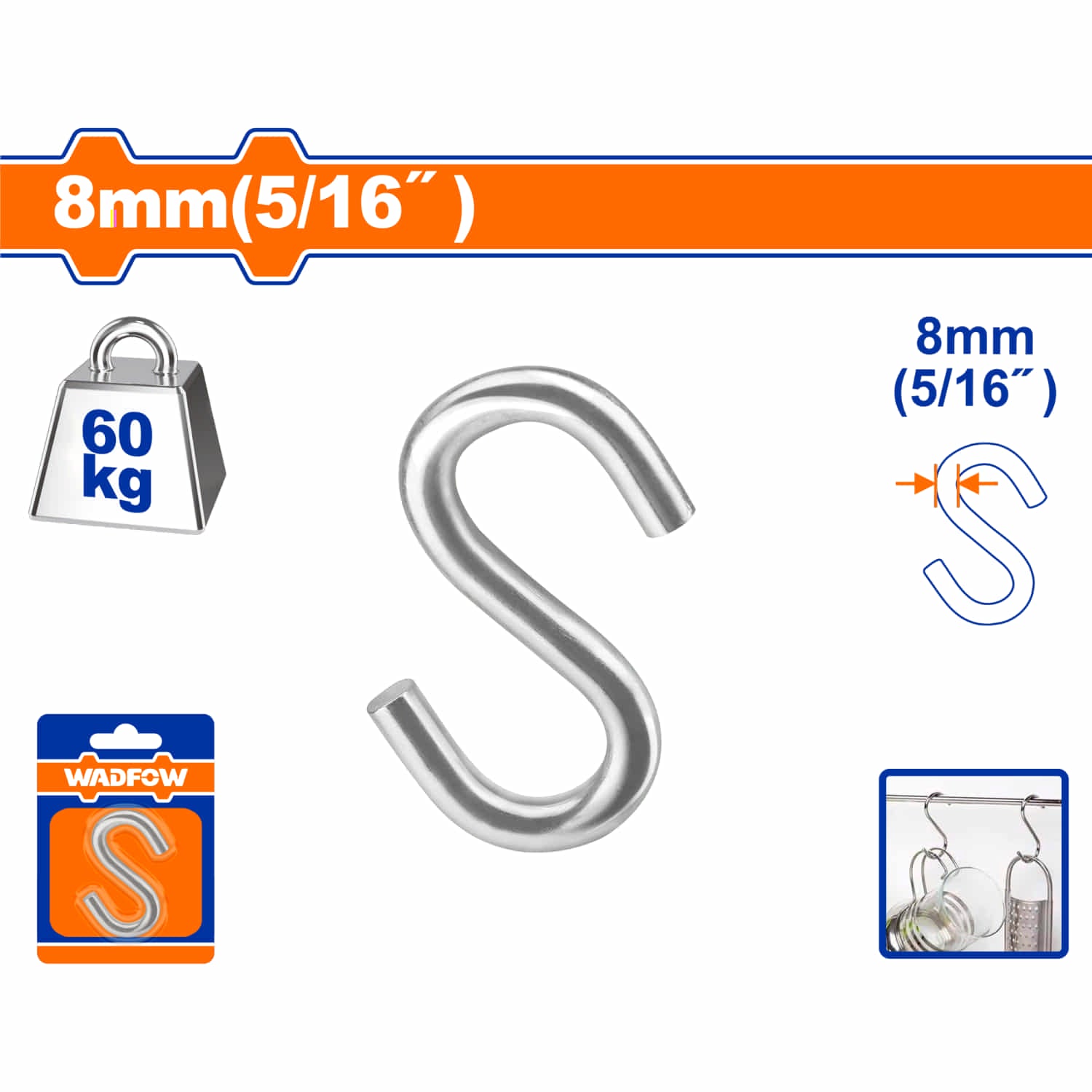 Gancho "S" para cable acero de 5/16" Límite de carga: 60kg. Acero al carbono Electro galvanizado.