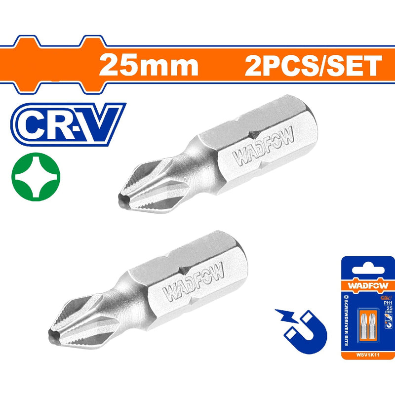 Puntas de destornillador 25mm. CR-V. Set de 2 piezas. Punta magnética. Tipo Phillips.