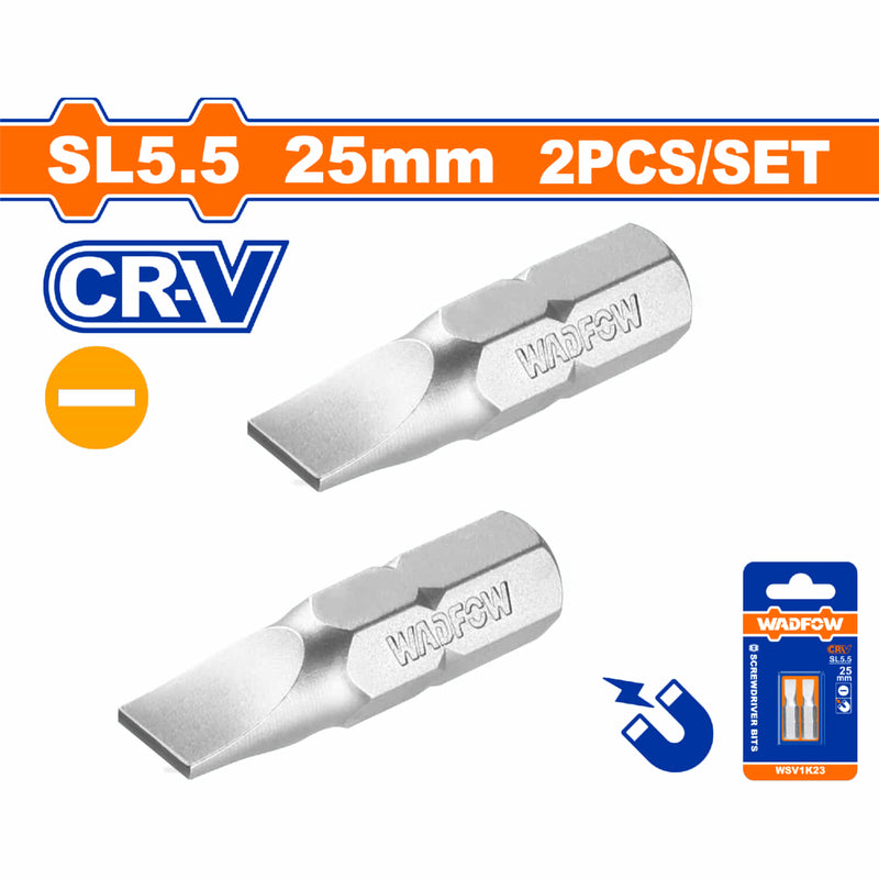 Puntas de destornillador SL5.5 25mm. CR-V. Set de 2 piezas. Punta magnética. Tipo Plano.