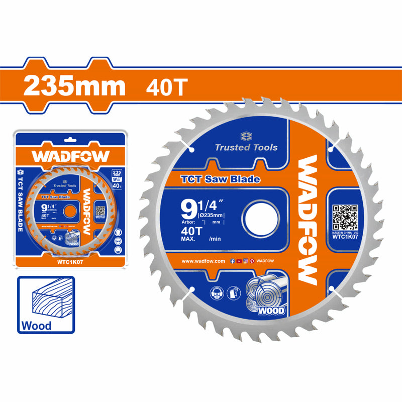 Disco de corte sierra TCT 235mm. 40T. Anillos reductores 16mm y 25.4mm. Para corte en Madera.