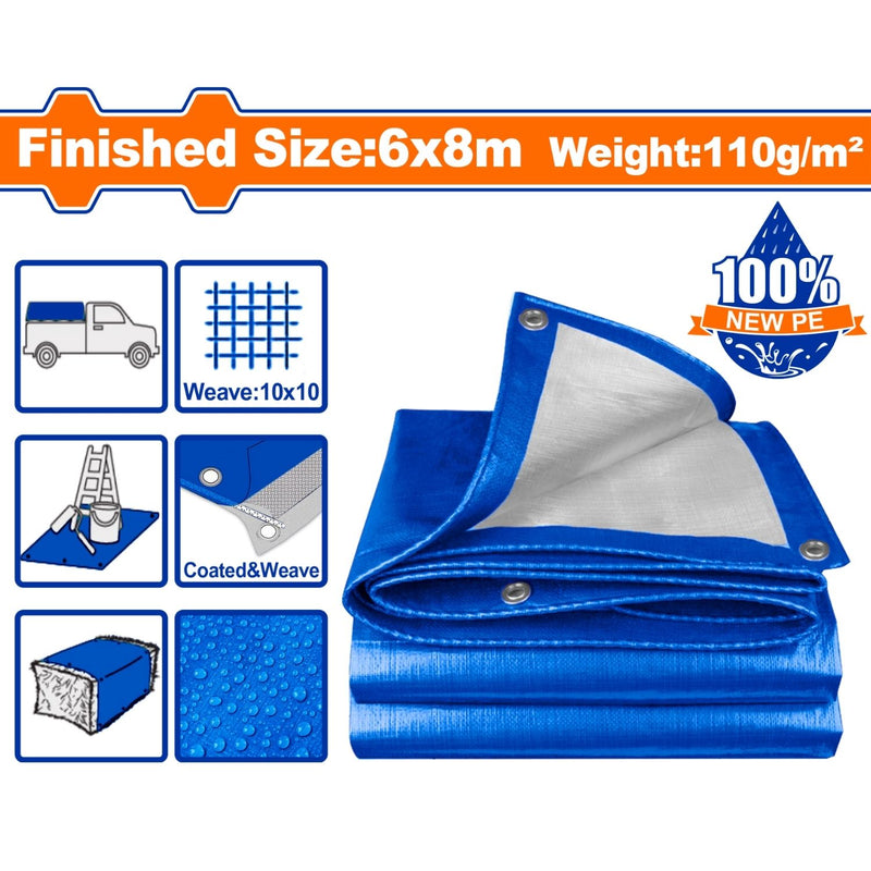 Lona Polietileno Azul 6 m x 8 m (19.6 x 26.3 pies) 110g/m2. Espesor: 0.15mm. Ambos lados laminados. Impermeable.