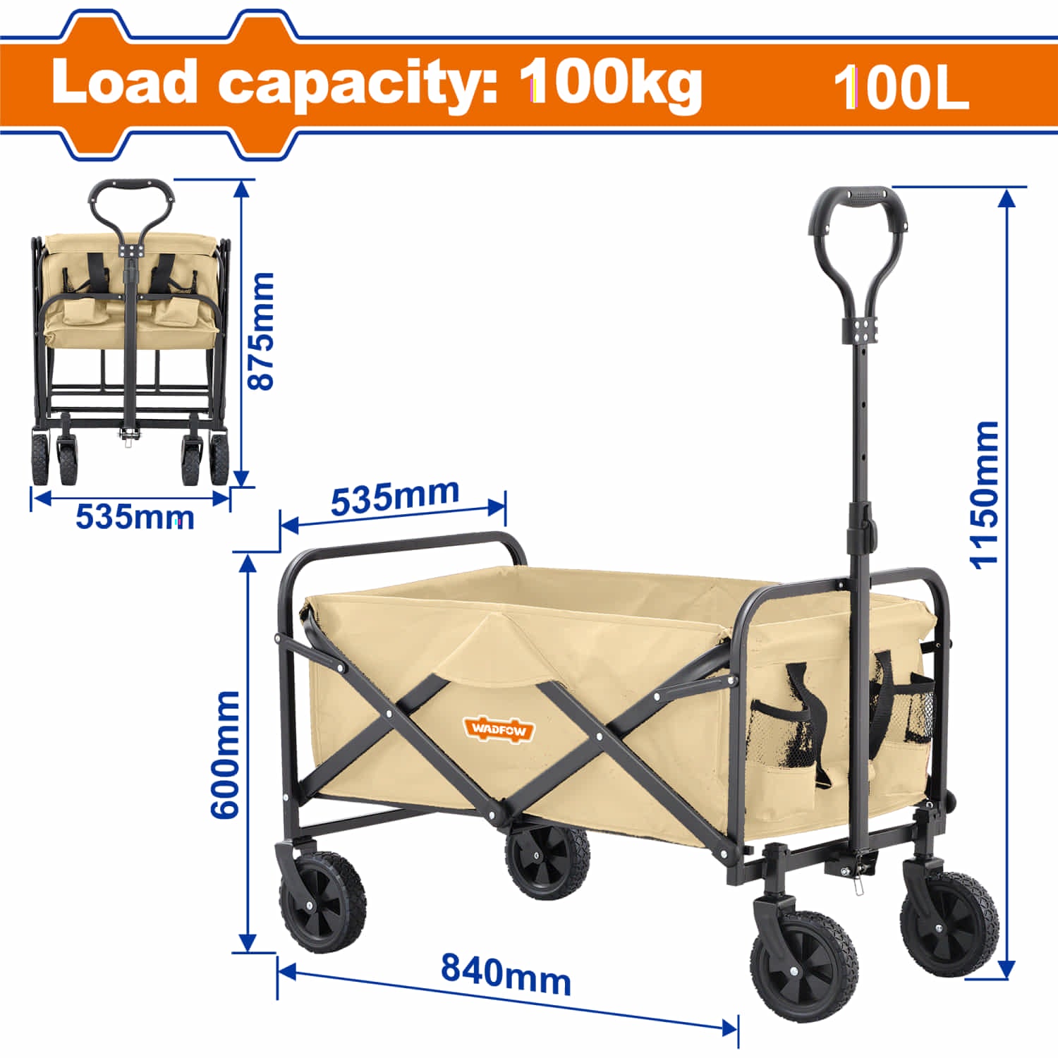 Carrito Plegable de Carga Milano 100Kg Estructura con revistimiento en polvo. Tamaño extendido: 840x535x600mm. Tipo vagón trolley.