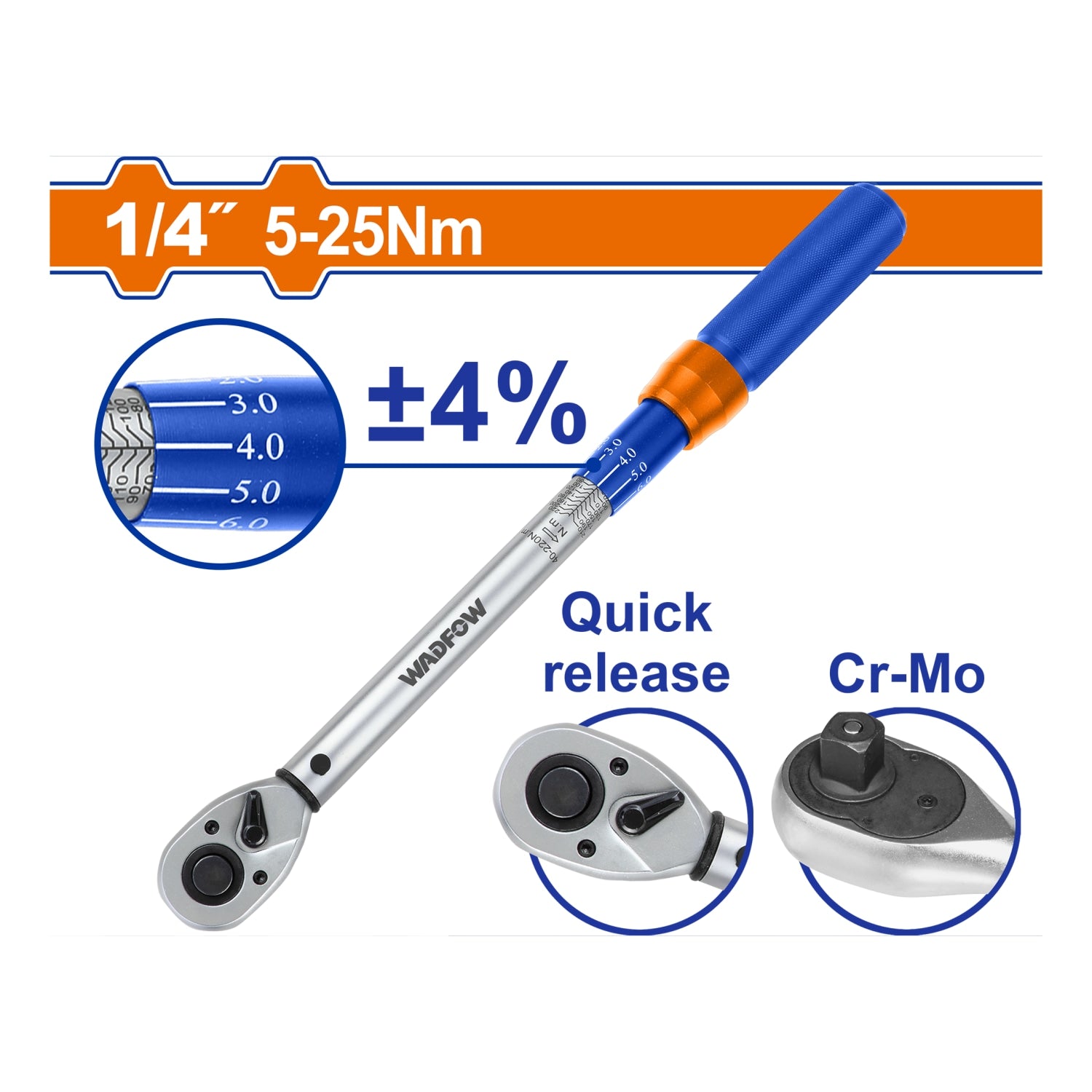 Torquímetro 1/4" 5–25 Nm. Cr-V Liberación rápida Cr-Mo. Long: 238 mm. Tolerancia de torque: ±4%
