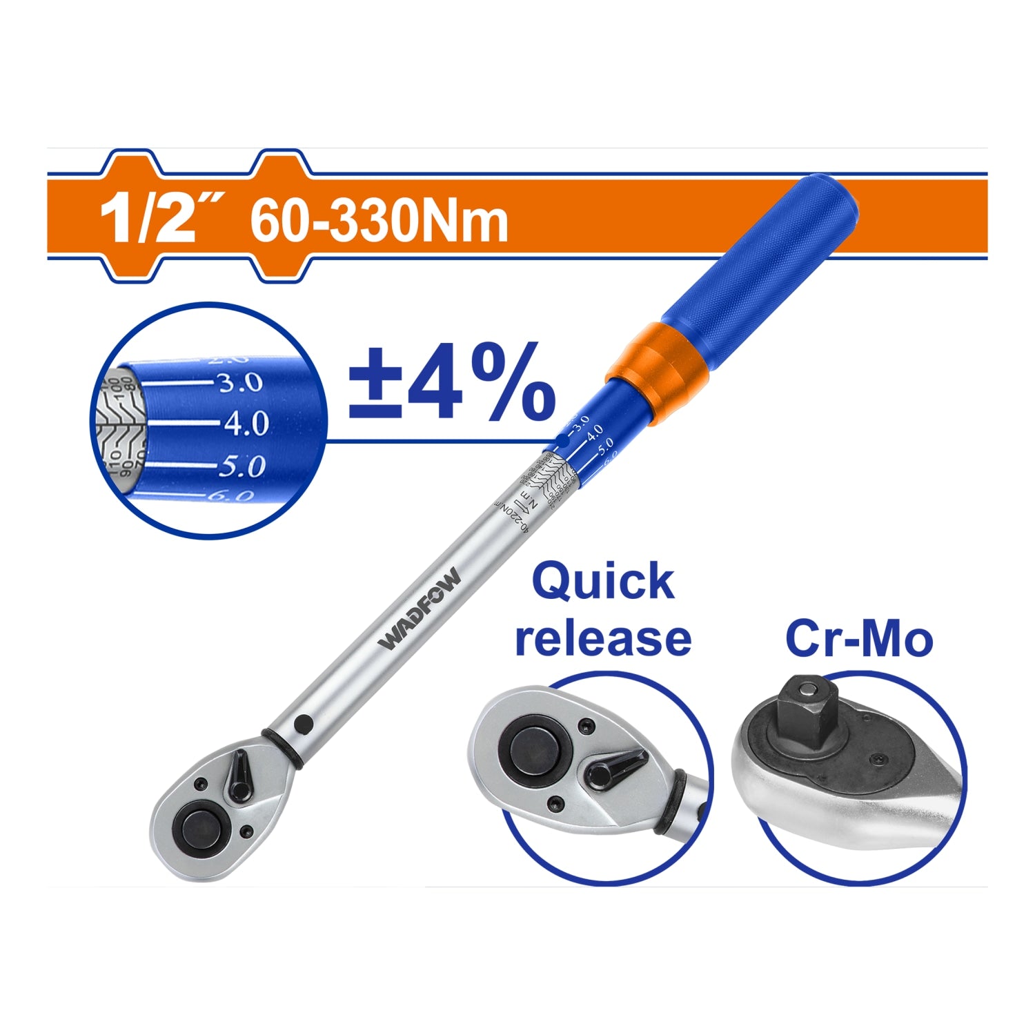Torquímetro 1/2" 60–330 Nm. Cr-V Liberación rápida Cr-Mo. Long: 565 mm. Tolerancia de torque: ±4%