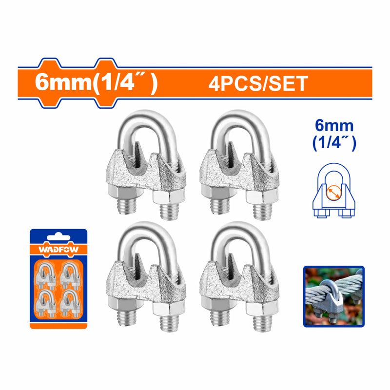 Perros para cable de acero guayas. Clips de cuerda de alambre 1/4" Hierro maleable Electro-galvanizado. Para fijar cuerda de alambre. Set de 4 piezas.