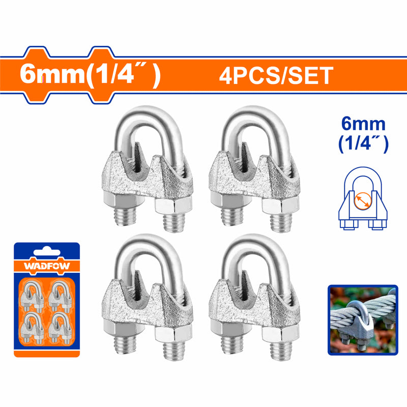 Perros para cable de acero guayas. Clips de cuerda de alambre 1/4" Hierro maleable Electro-galvanizado. Para fijar cuerda de alambre. Set de 4 piezas.