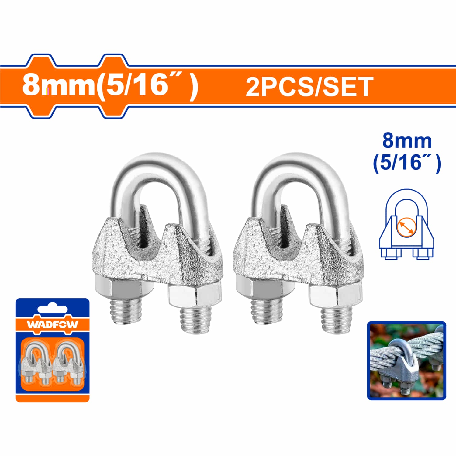 Perros para cable de acero guayas. Clips de cuerda de alambre 5/16" Hierro maleable Electro-galvanizado. Para fijar cuerda de alambre. Set de 2 piezas.