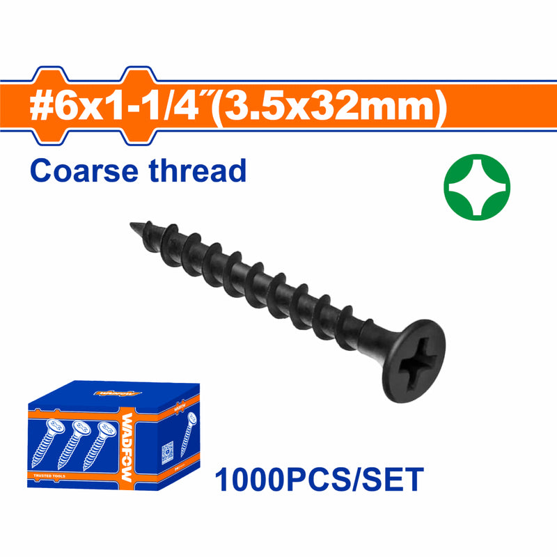 Tornillos para Gypsum (Yeso) 6x1-1/4" Rosca gruesa. Cabeza de trompeta. Fosfatizado. Phillips. 1000 pzas.