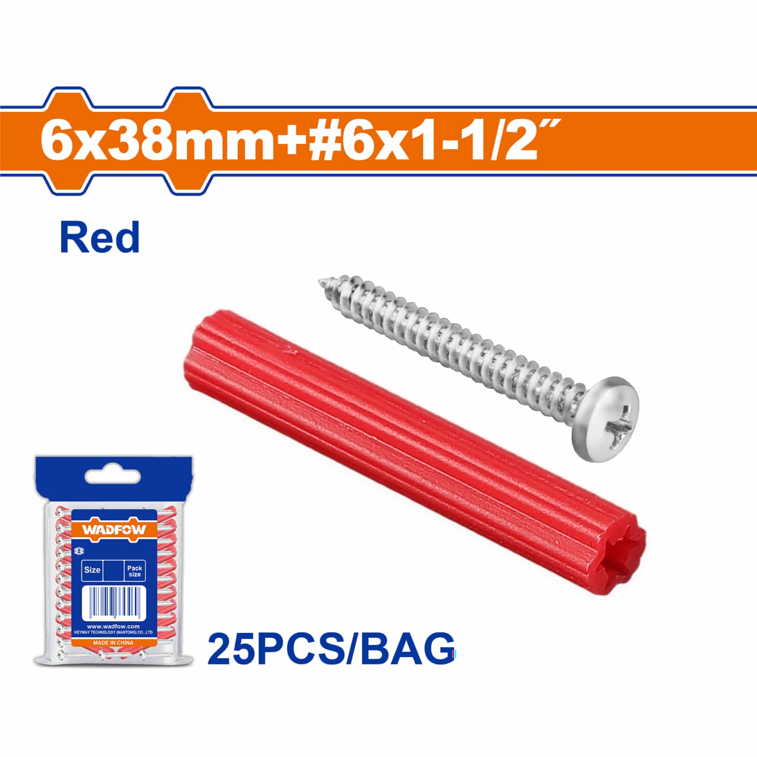 Tacos de plástico de anclaje Rojo 15/64"x1-1/2" y Tornillos #6x1-1/2" Set de 25 piezas.