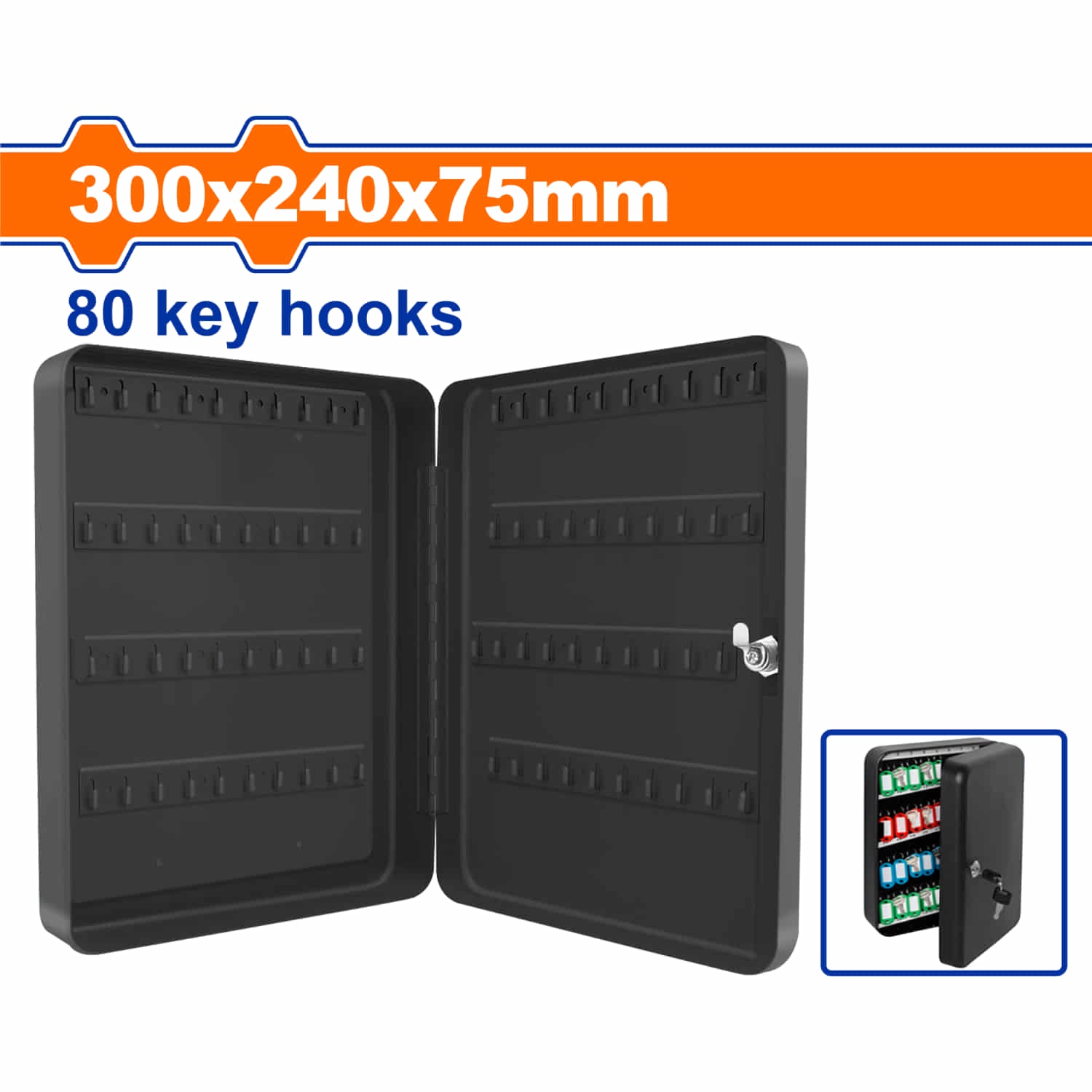 Caja de llaves. Capacidad de 80 llaves Dimensiones externas (H*A*P): 12"x9.5"x3" (30x24x7.5cm) Apertura con llave. Caja de seguridad para llaves tipo armario.