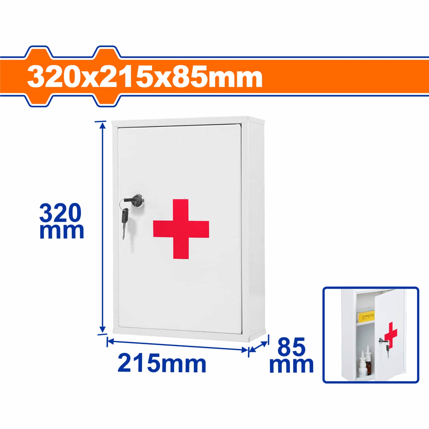 Caja Botiquín de primeros auxilios. Gabinete médico. Dimensiones externas (H*A*P): 12.5"x8.5"x3" (32x21.5x8.5cm) Espacio de almacenamiento: Botiquín cuadrado con 2 compartimentos de pared.