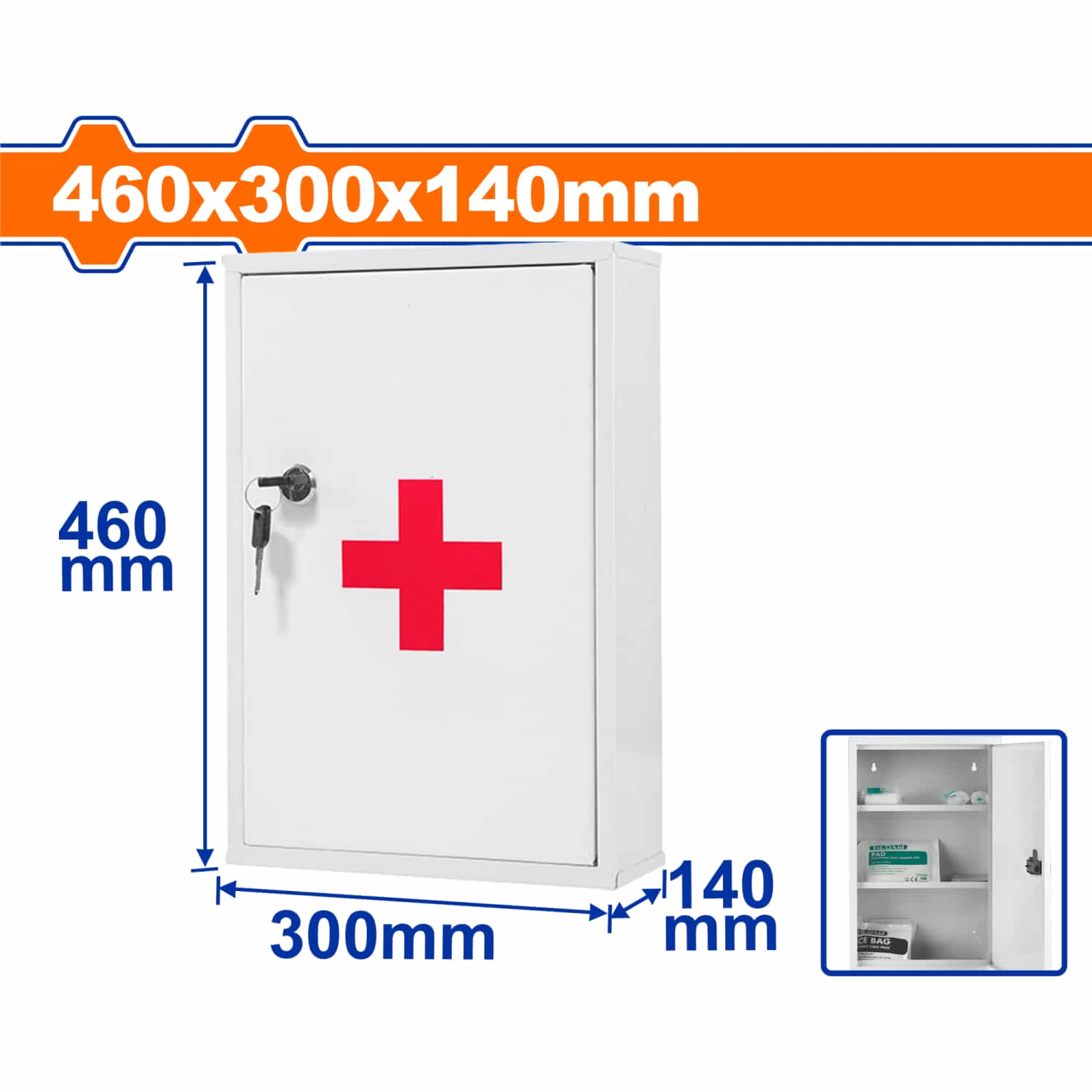 Caja Botiquín de primeros auxilios. Dimensiones externas (H*A*P): 18"x12"x5.5" (46x30x14cm) Espacio de almacenamiento: Gabinete de medicinas cuadrado con 3 compartimentos de pared.