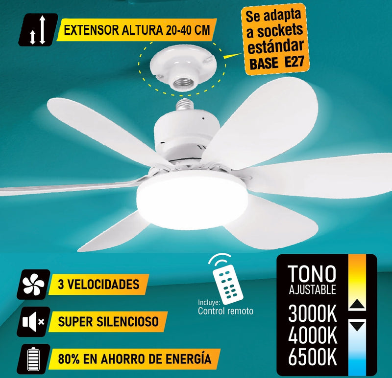 Abanico De Techo 20" socket E27 Con Luz Led Tono ajustable 3000/4000/6500K, 1900 Lumens 6 Aspas 3 CCT 520X185mm