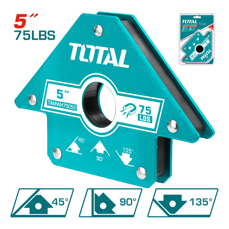 Soporte de Soldadura Escuadra Magnetica de 5". Fuerza de Traccion 75 Lbs. Angulos 45°, 90°, 135°,