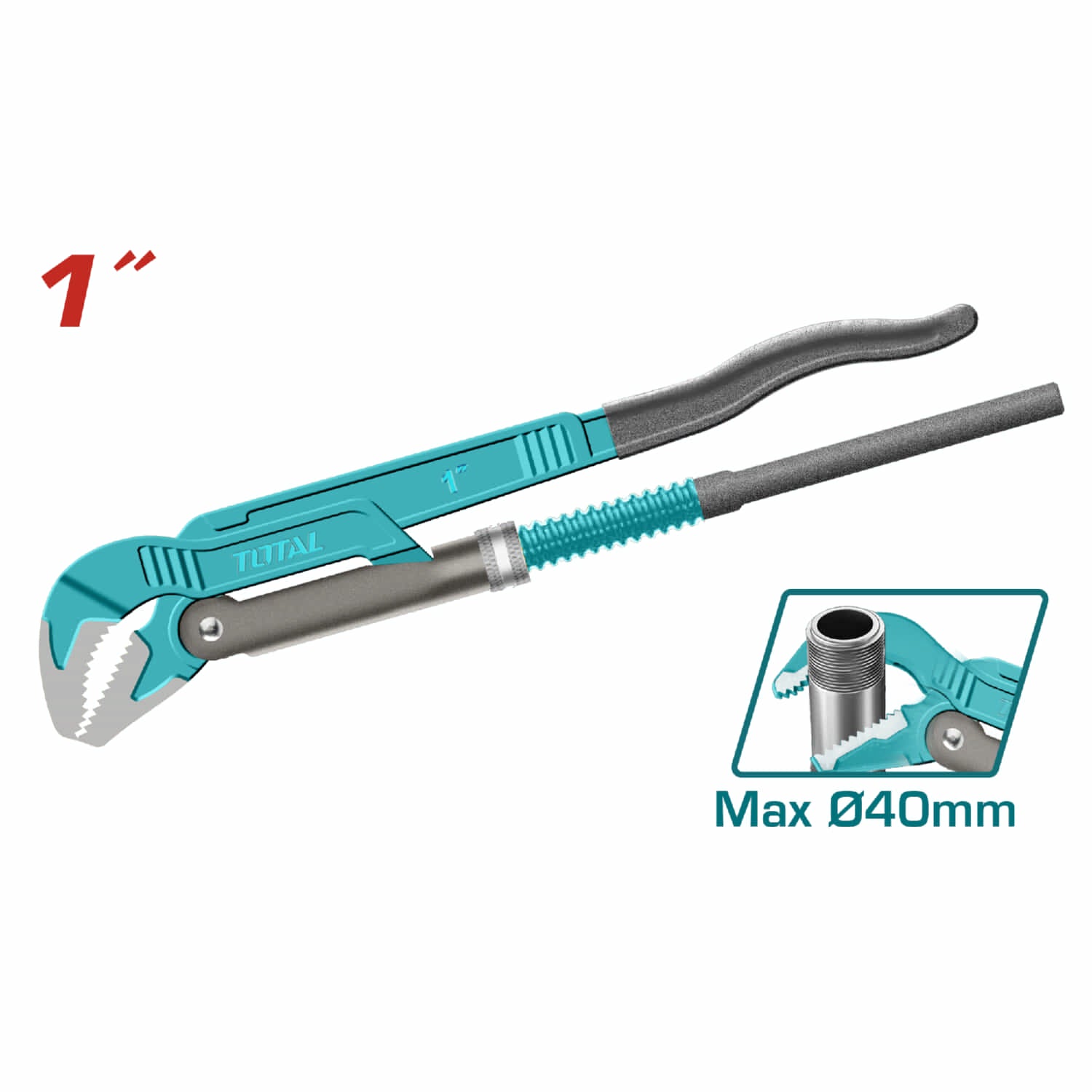 Llave de tubo sueca de trabajo pesado de 45°. Tamaño 1". Diámetro máximo de agarre: 40 mm.