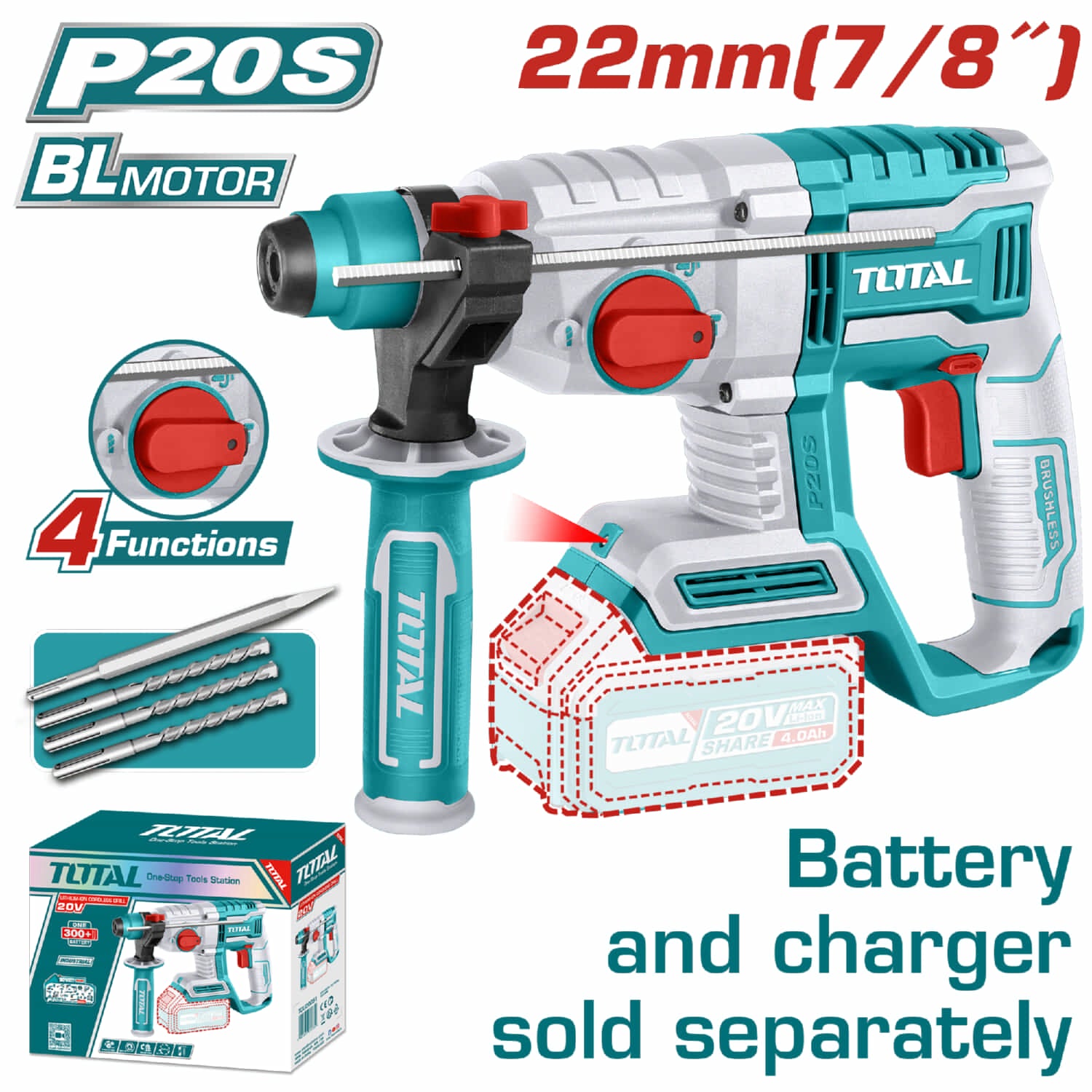 Taladro Rotomartillo Motor sin escobillas. Perforación concreto:22mm. Sin batería ni cargador.