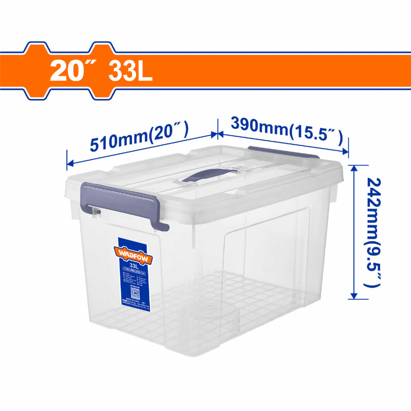 Caja plastica de Almacenamiento Plástico 33L. 510x390x242mm. 1252g. Tapa con asa. Hebilla de plástico.