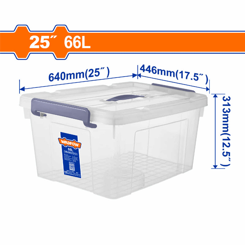 Caja plastica de Almacenamiento Plástico 66L. 640x446x313mm Peso: 1831g. Tapa con asa. Hebilla de plástico.