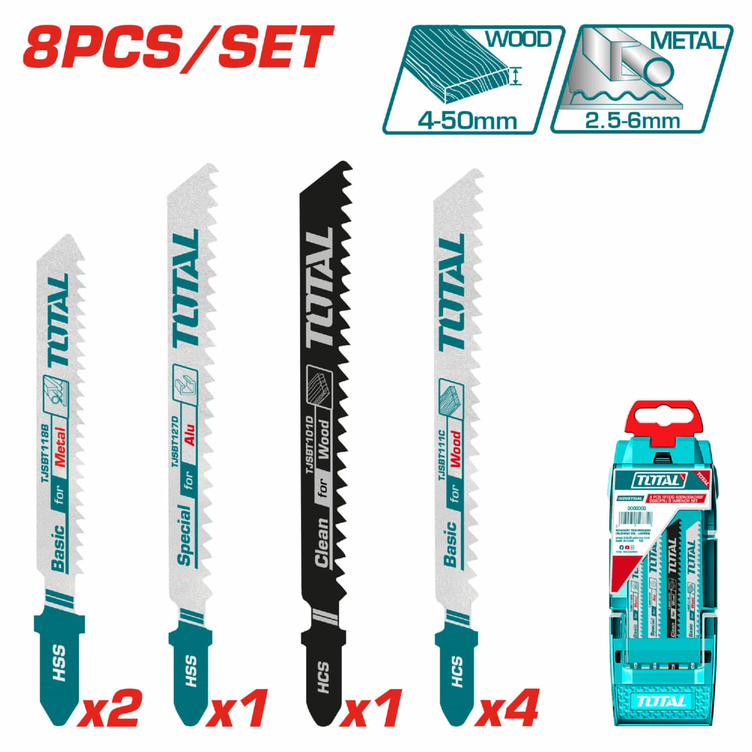 Juego de cuchillas mixtas para Caladora  (8pza): (1) Madera, (4) Corte Rápido de Madera